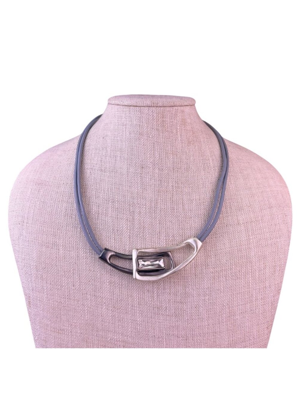 Y2K Women Grey Leather Necklace Silver Tone Abstract Pendant Unique Design
